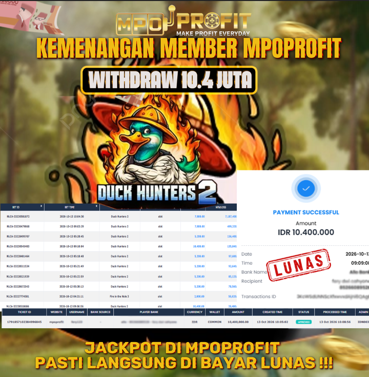 MPOPROFIT JACKPOT JILI! KEMENANGAN MURNI DI (DUCK HUNTERS 2 TOTAL 10.400.000,- LUNAS)